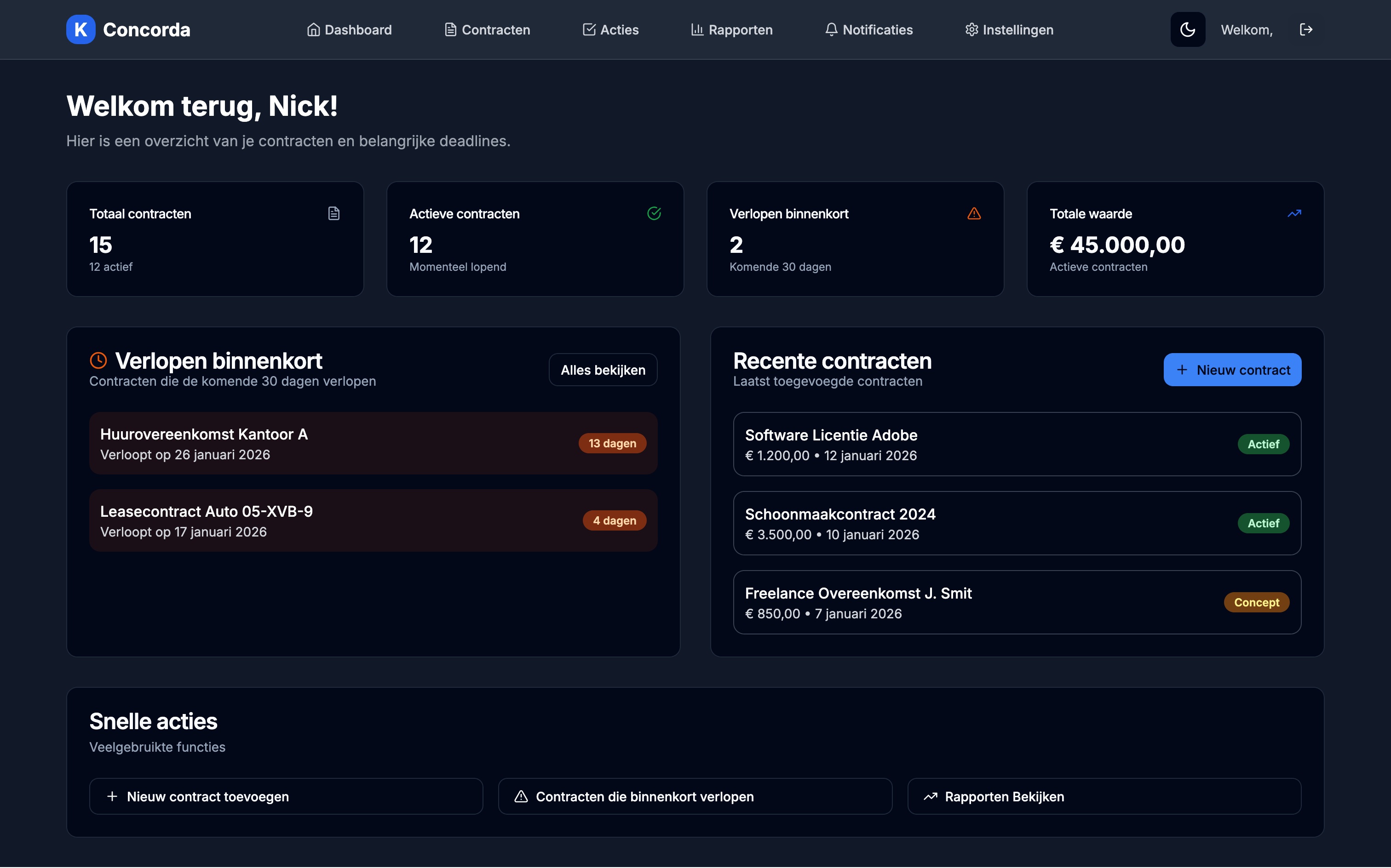 Concorda Dashboard Screenshot - Contract Management - Dark Mode