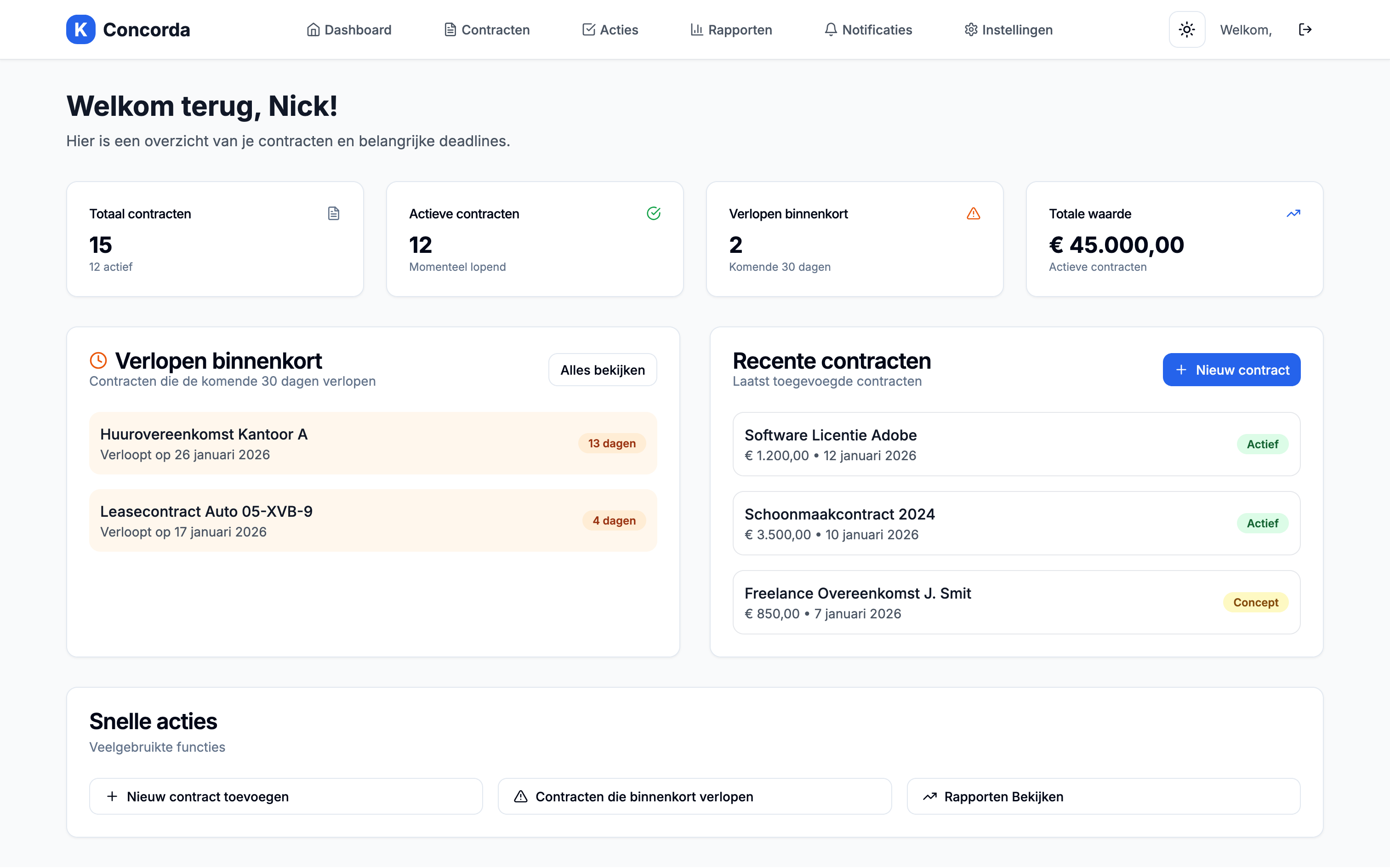 Concorda Dashboard Screenshot - Contract Management